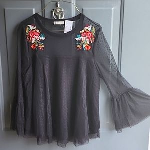 Maurices Embroidered Bell Sleeve Top, NWT, Sz Small